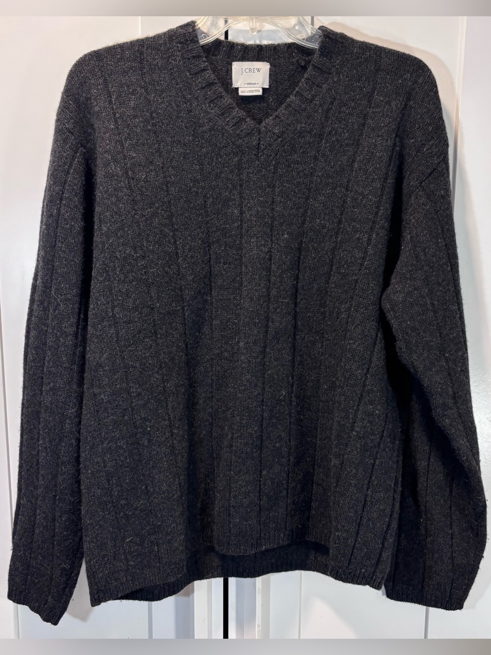 Vintage J.Crew 100% Lambswool Mens M V-Neck Sweater Charcoal Gray Hong Kong 90s